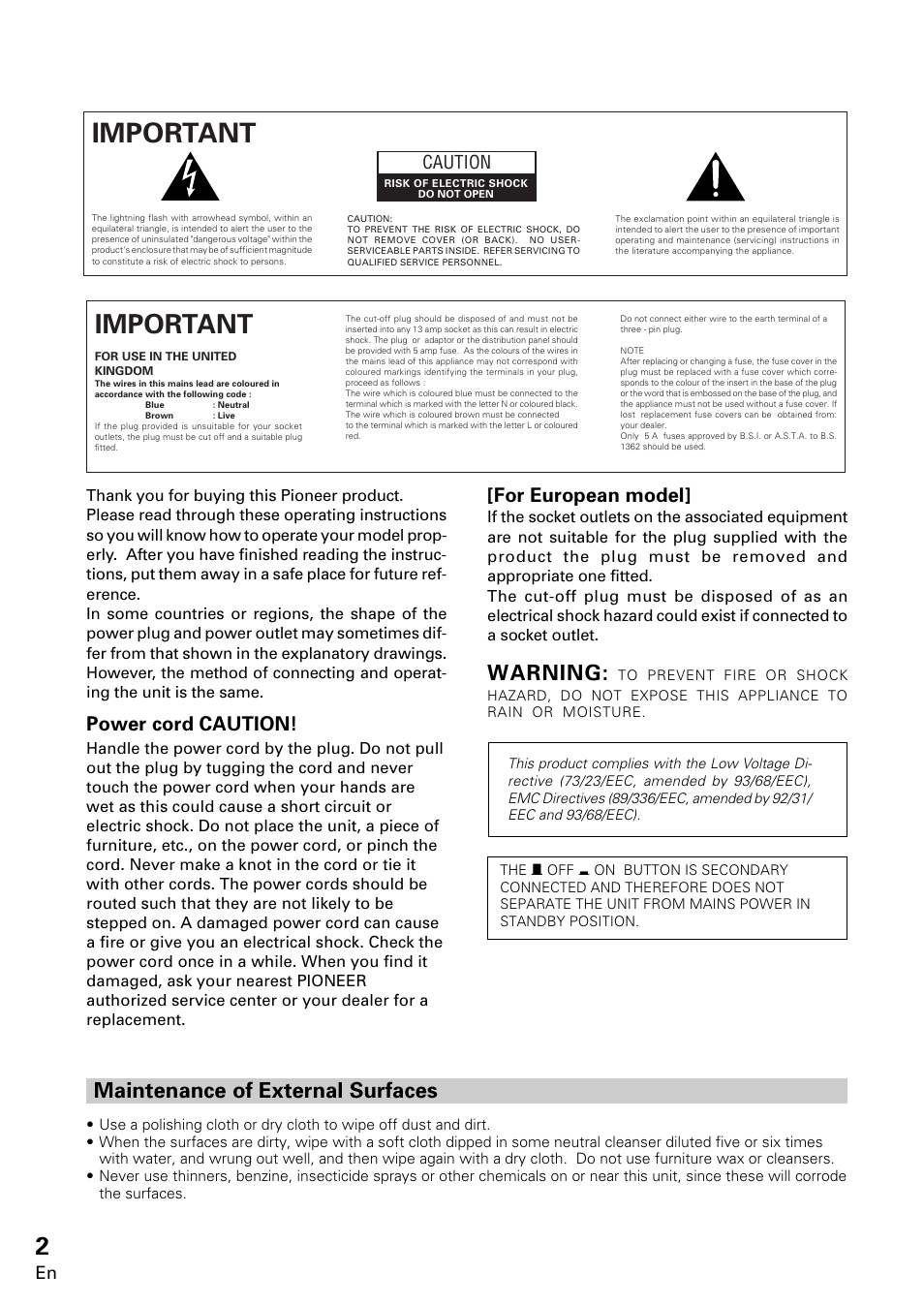 Important 1, Important 2, Warning | Maintenance of external surfaces, Power cord caution, For european model, Caution | Pioneer VSX-859RDS-G User Manual | Page 2 / 116