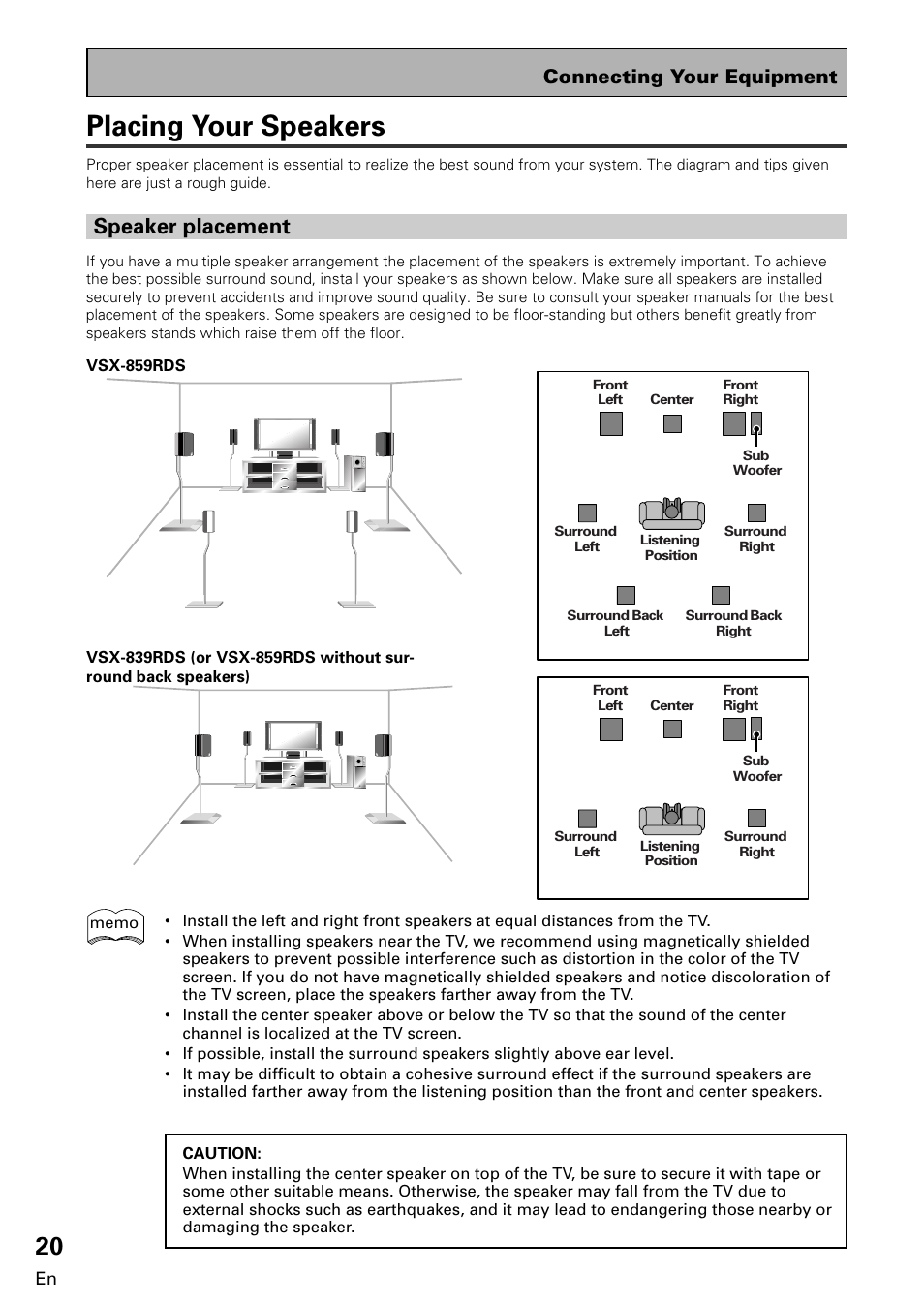 Placing your speakers, Speaker placement, Connecting your equipment | Pioneer VSX-859RDS-G User Manual | Page 20 / 116