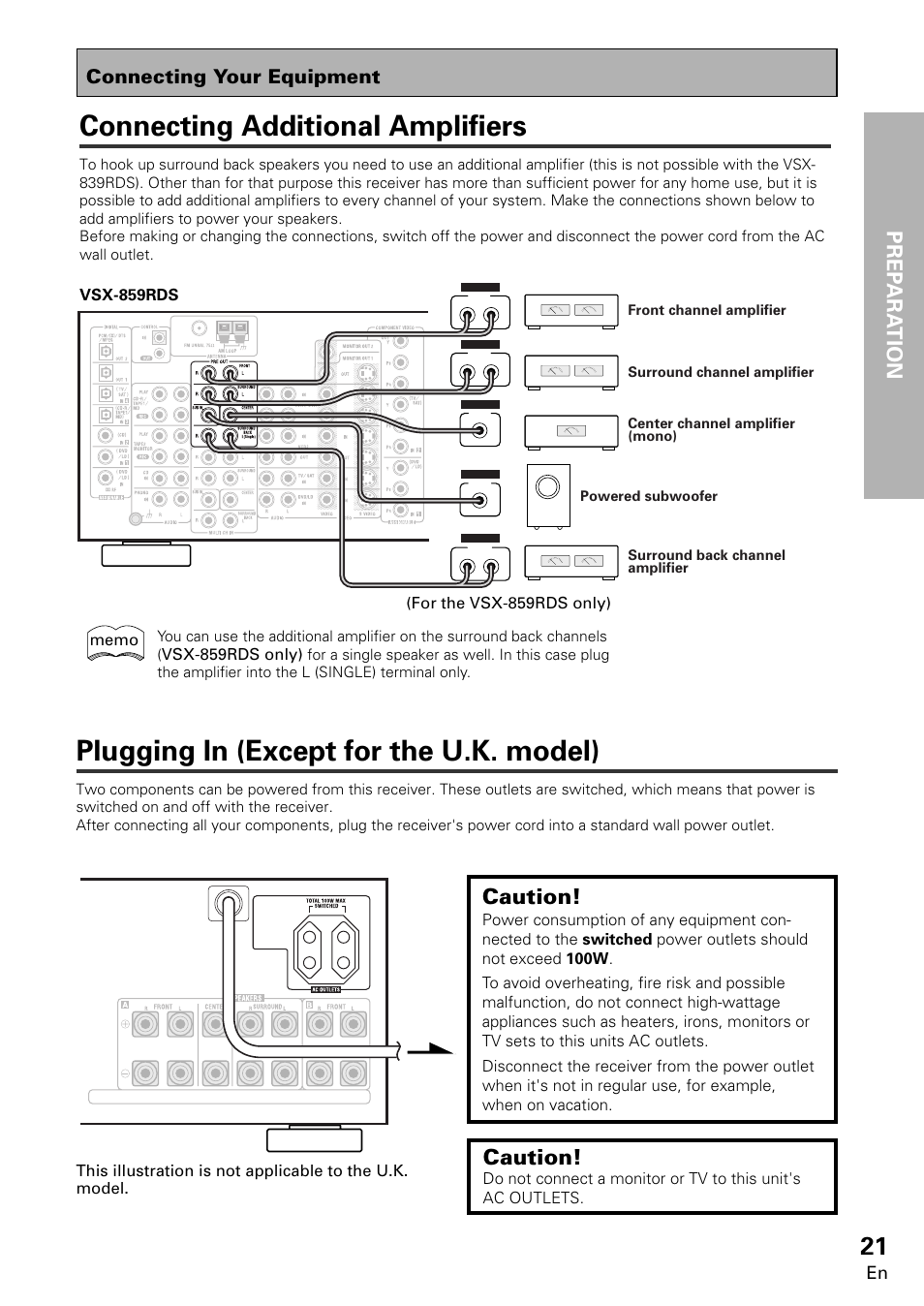 Connecting additional amplifiers, Plugging in (except for the u.k. model), Opera tion prep ara tion | Caution, Connecting your equipment | Pioneer VSX-859RDS-G User Manual | Page 21 / 116