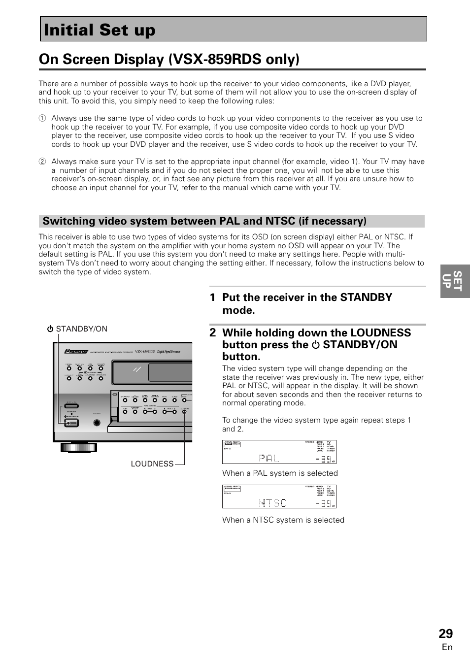Initial set up, On screen display, On screen display (vsx-859rds only) | Pioneer VSX-859RDS-G User Manual | Page 29 / 116