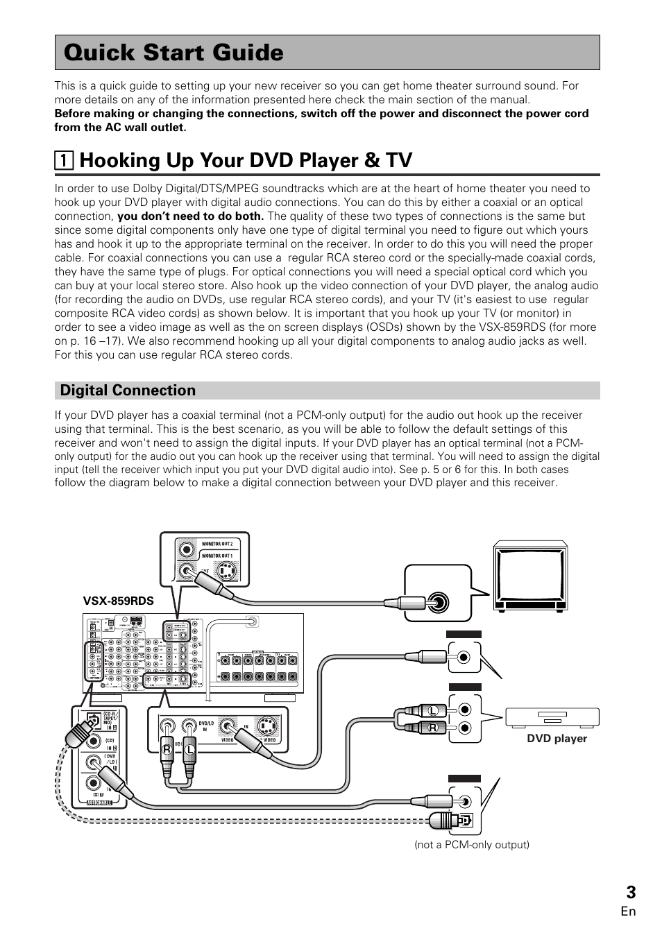 Quick start guide, 11 hooking up your dvd player & tv, Digital connection | Pioneer VSX-859RDS-G User Manual | Page 3 / 116
