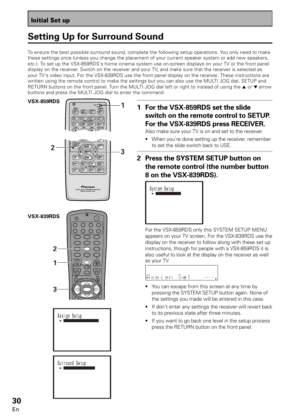 Setting up for surround sound, Initial set up, Vsx-859rds | Vsx-839rds | Pioneer VSX-859RDS-G User Manual | Page 30 / 116