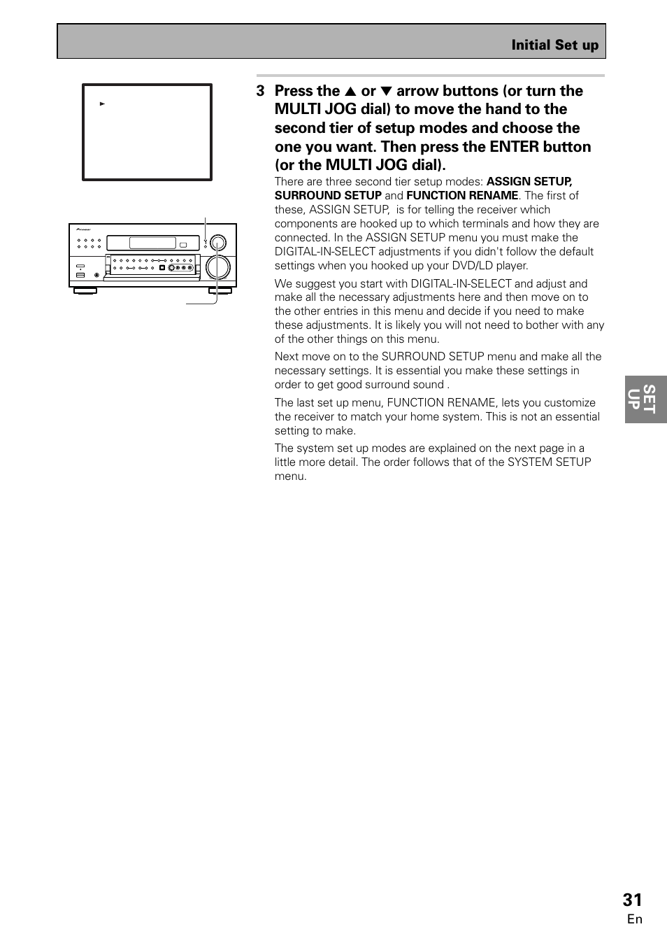 Set up, Initial set up, Setup multi jog (turn to select / push to enter) | Pioneer VSX-859RDS-G User Manual | Page 31 / 116