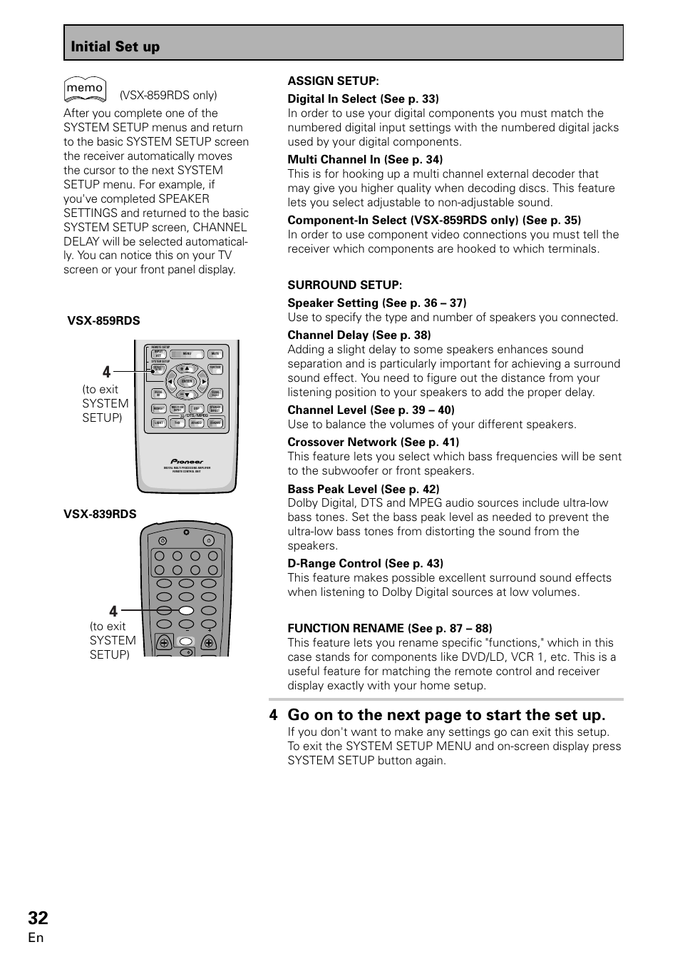 4 go on to the next page to start the set up, Initial set up | Pioneer VSX-859RDS-G User Manual | Page 32 / 116