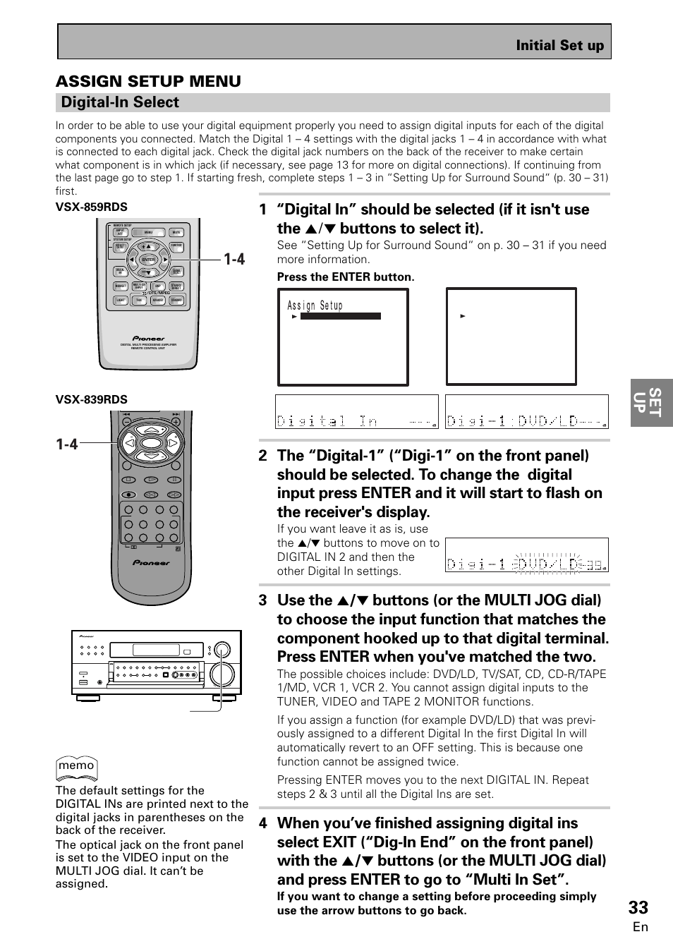 Set up, Assign setup menu digital-in select, Initial set up | Multi jog (turn to select / push to enter) | Pioneer VSX-859RDS-G User Manual | Page 33 / 116