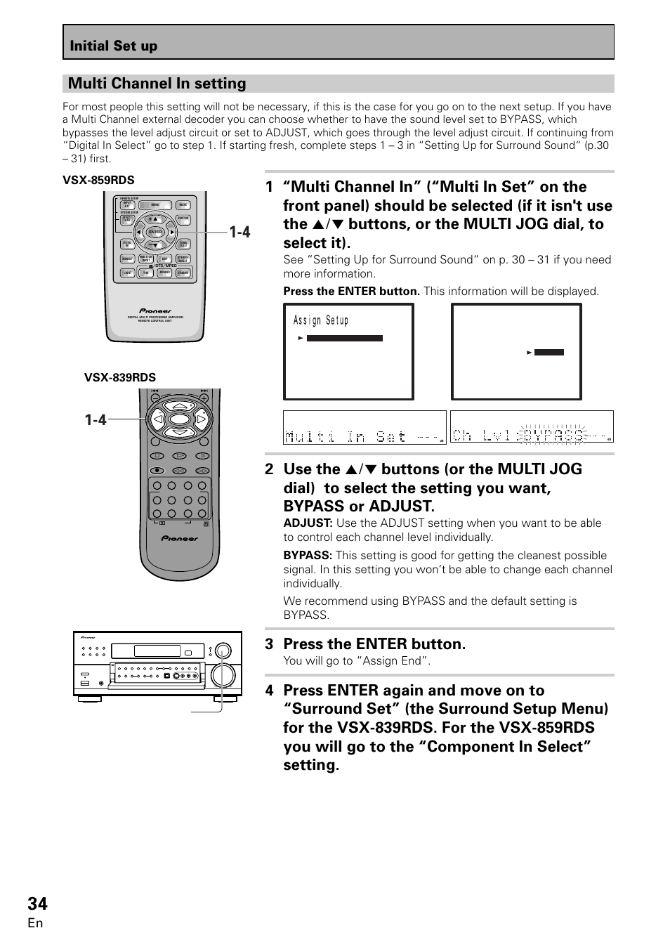 Multi channel in setting, 3 press the enter button, Initial set up | You will go to “assign end, Vsx-859rds, Vsx-839rds, Multi jog (turn to select / push to enter) | Pioneer VSX-859RDS-G User Manual | Page 34 / 116