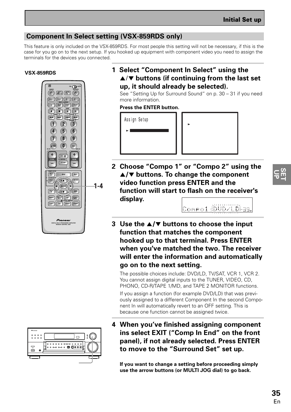 Set up, Component in select setting (vsx-859rds only), Initial set up | Vsx-859rds, Multi jog (turn to select / push to enter) | Pioneer VSX-859RDS-G User Manual | Page 35 / 116
