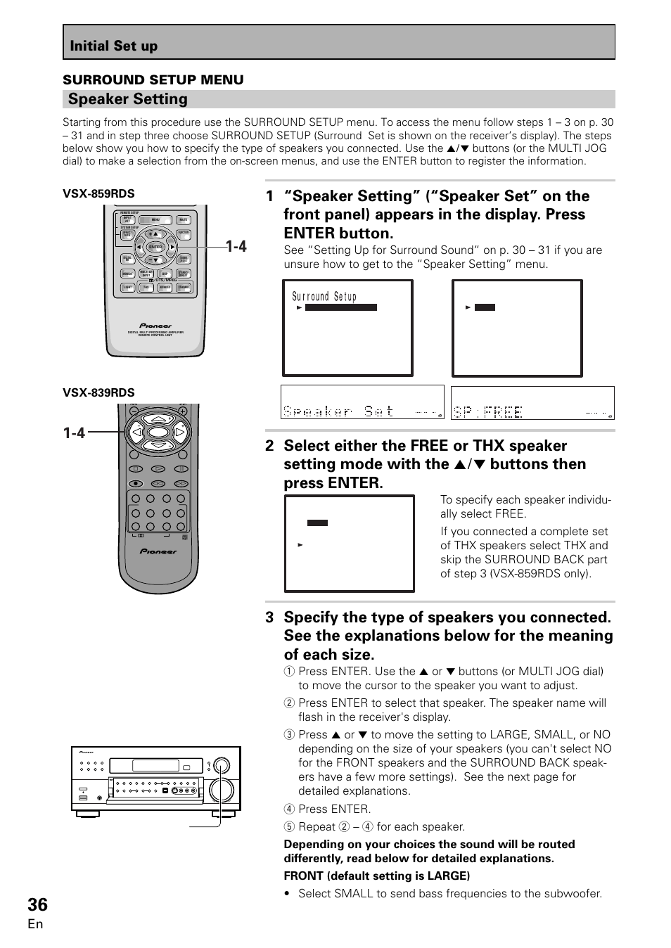 Speaker setting, Initial set up, Surround setup menu | Multi jog (turn to select / push to enter) | Pioneer VSX-859RDS-G User Manual | Page 36 / 116