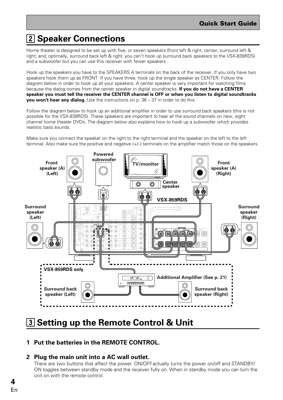 2speaker connections, 33 setting up the remote control & unit | Pioneer VSX-859RDS-G User Manual | Page 4 / 116