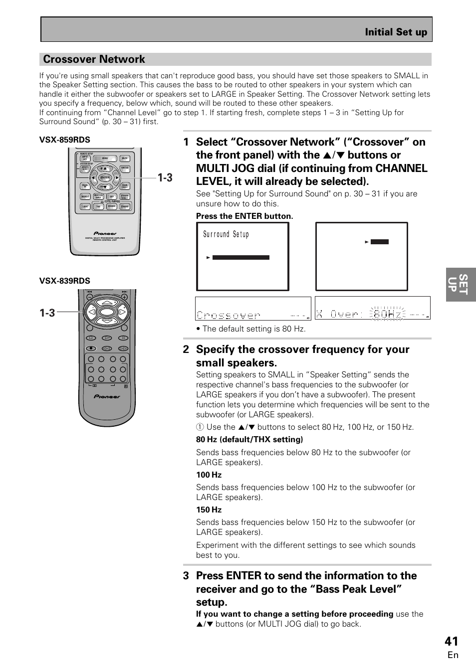 Set up, Crossover network, Initial set up | Pioneer VSX-859RDS-G User Manual | Page 41 / 116