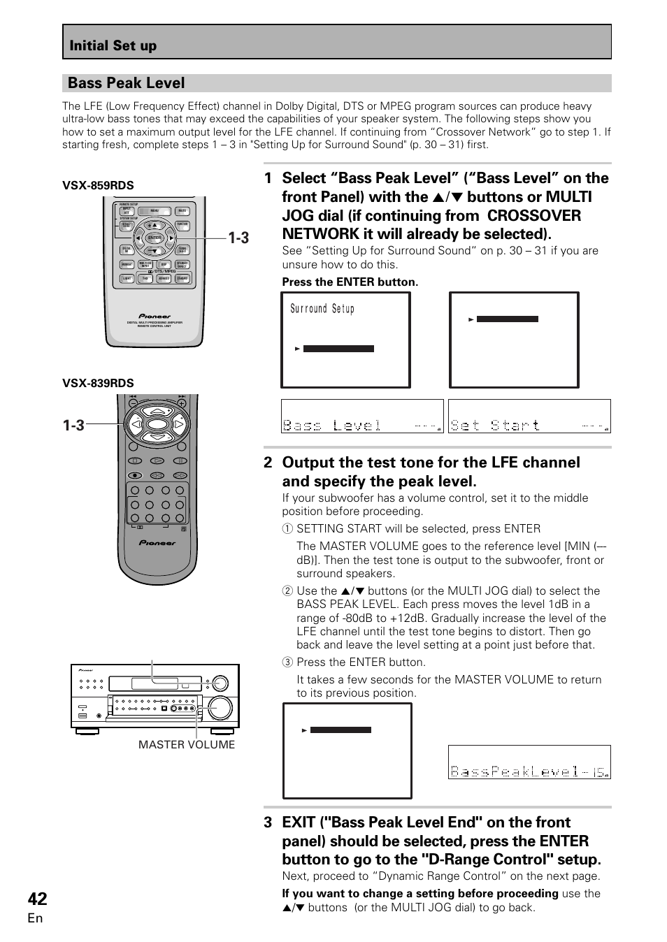 Bass peak level, Initial set up, See “setting up for surround sound | Pioneer VSX-859RDS-G User Manual | Page 42 / 116