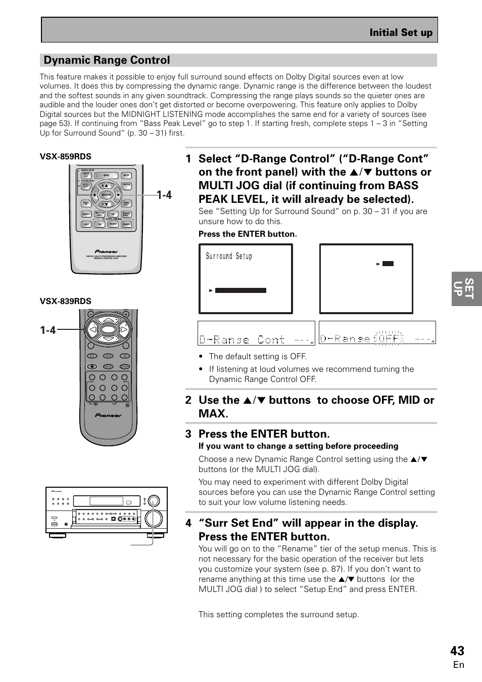 Set up, Dynamic range control, Initial set up | Multi jog (turn to select / push to enter) | Pioneer VSX-859RDS-G User Manual | Page 43 / 116
