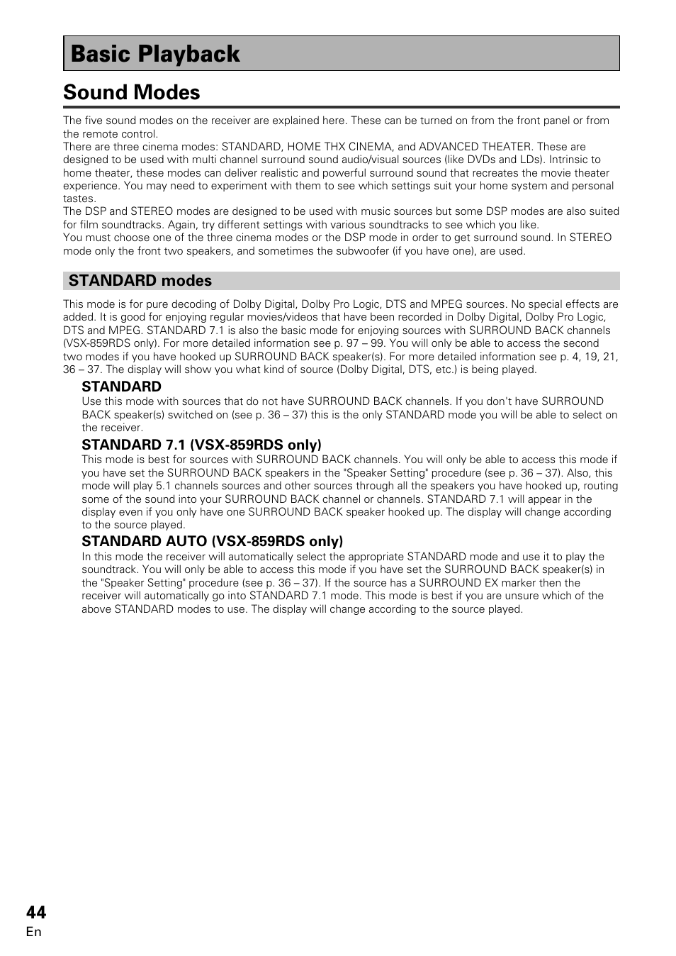 Basic playback, Sound modes | Pioneer VSX-859RDS-G User Manual | Page 44 / 116