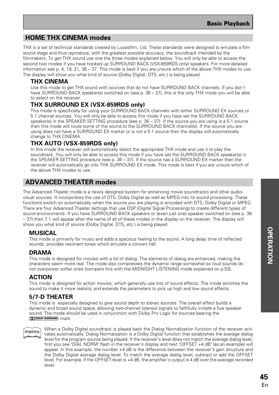 Opera tion, Home thx cinema modes, Advanced theater modes | Pioneer VSX-859RDS-G User Manual | Page 45 / 116