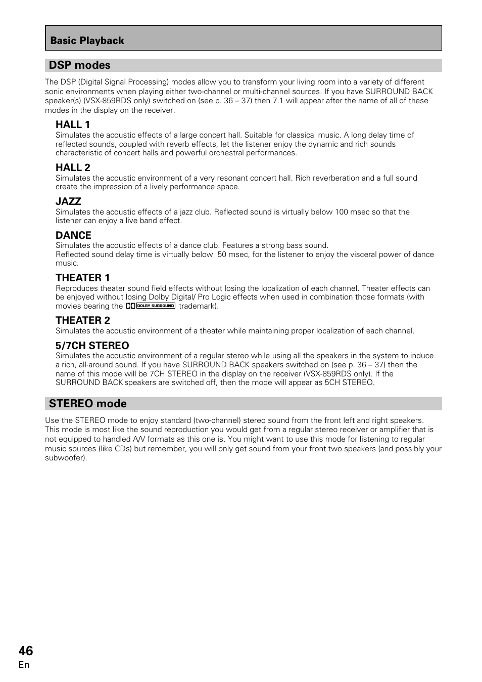 Dsp modes, Stereo mode | Pioneer VSX-859RDS-G User Manual | Page 46 / 116