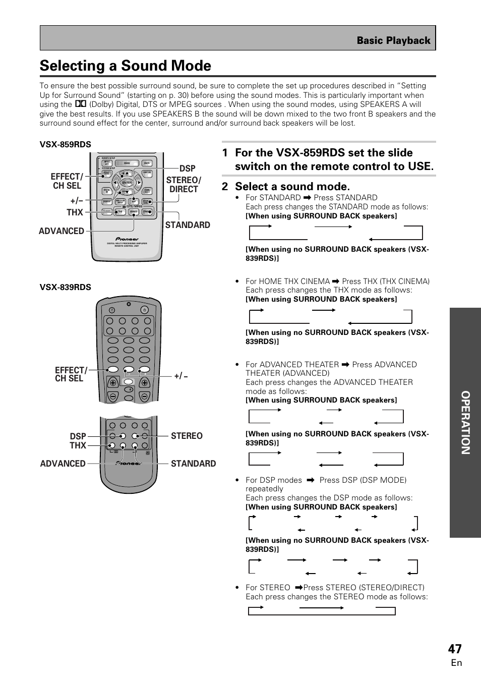 Selecting a sound mode, Opera tion, Basic playback | Effect/ ch sel, Stereo standard advanced dsp thx, When using surround back speakers, When using no surround back speakers (vsx- 839rds) | Pioneer VSX-859RDS-G User Manual | Page 47 / 116