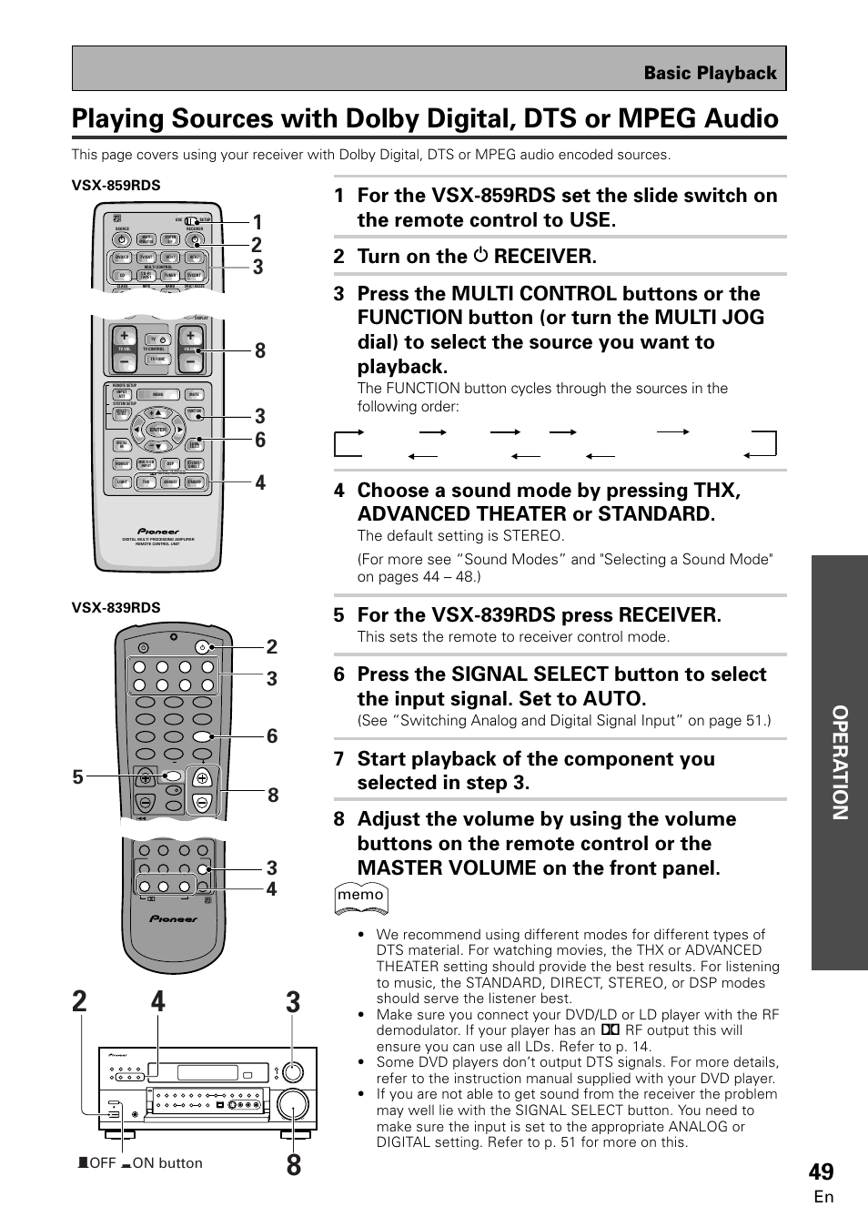 Opera tion, 5 for the vsx-839rds press receiver, Basic playback | This sets the remote to receiver control mode, Off _on button | Pioneer VSX-859RDS-G User Manual | Page 49 / 116