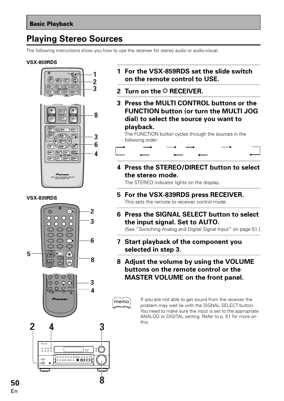 Playing stereo sources, 5 for the vsx-839rds press receiver, Basic playback | The stereo indicator lights on the display, This sets the remote to receiver control mode, If you are not | Pioneer VSX-859RDS-G User Manual | Page 50 / 116