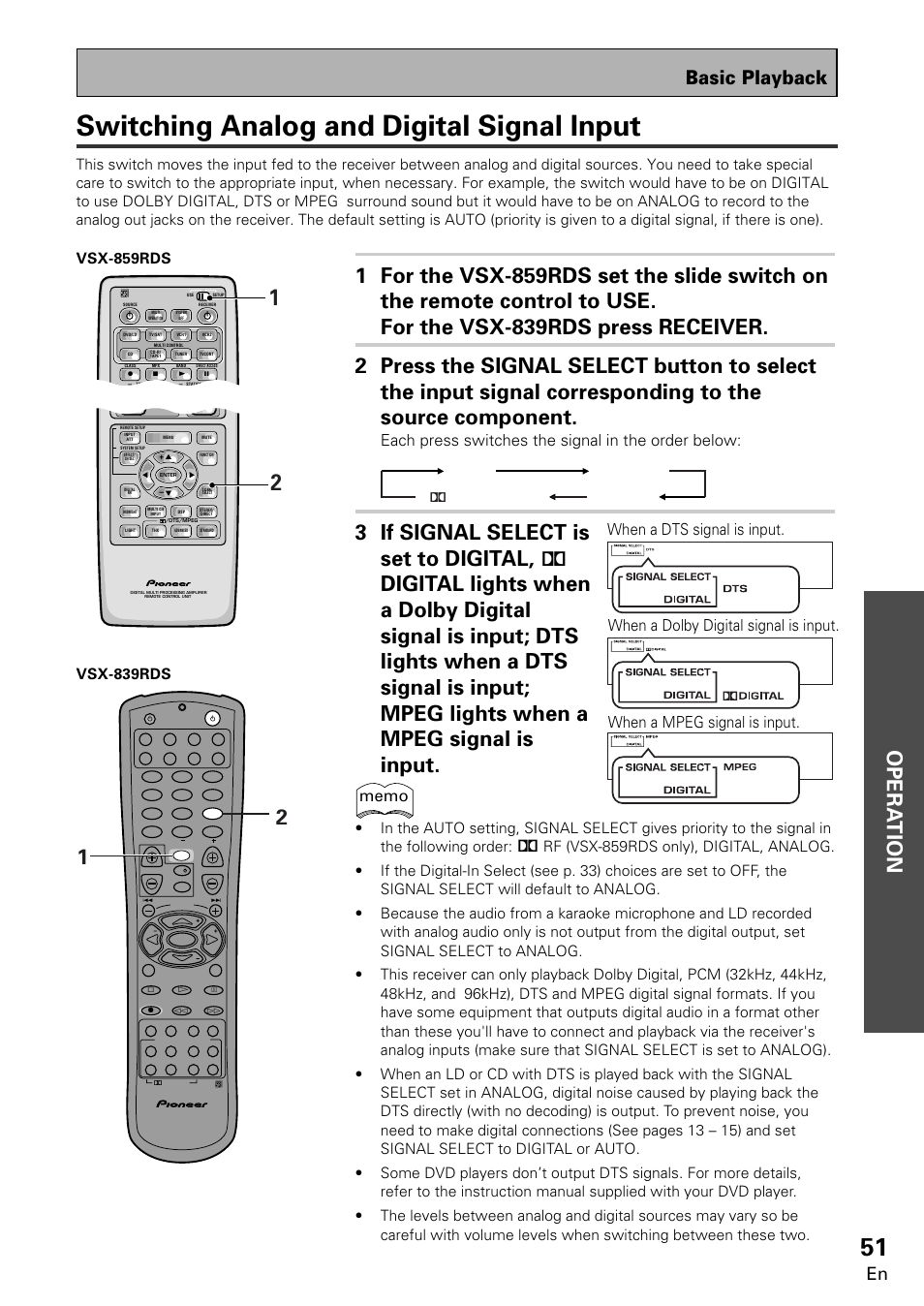 Switching analog and digital signal input, Opera tion, Basic playback | Each press switches the signal in the order below, Auto analog digital | Pioneer VSX-859RDS-G User Manual | Page 51 / 116