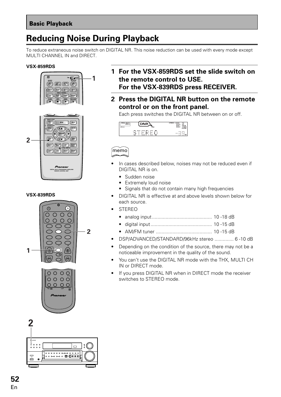 Reducing noise during playback, Basic playback | Pioneer VSX-859RDS-G User Manual | Page 52 / 116