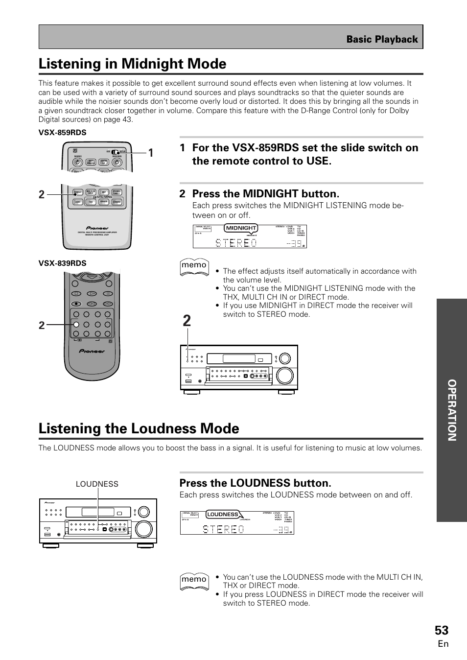 Listening in midnight mode, Listening the loudness mode, Opera tion | Press the loudness button, Basic playback, Vsx-859rds, Loudness vsx-839rds | Pioneer VSX-859RDS-G User Manual | Page 53 / 116