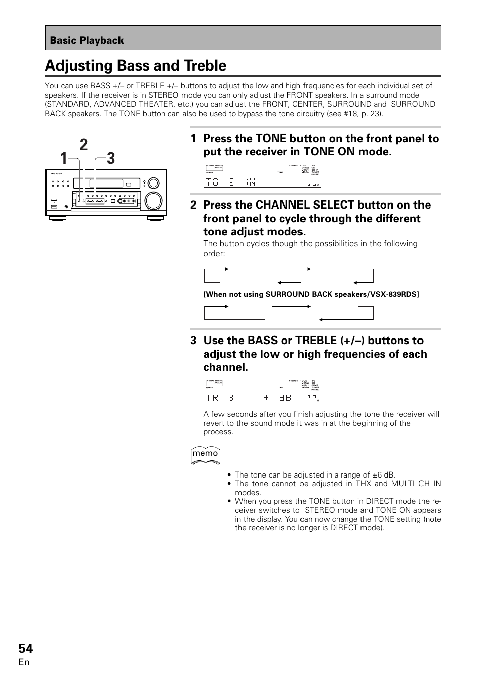Adjusting bass and treble | Pioneer VSX-859RDS-G User Manual | Page 54 / 116
