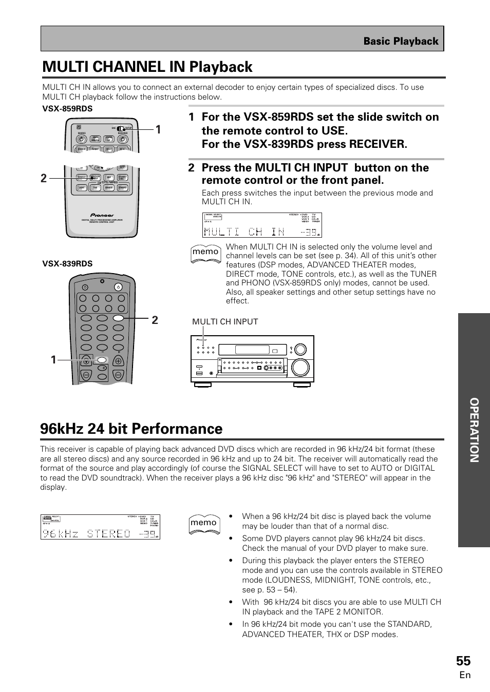 Multi channel in playback 96khz 24bit performance, Multi channel in playback, 96khz 24 bit performance | Opera tion, Basic playback | Pioneer VSX-859RDS-G User Manual | Page 55 / 116
