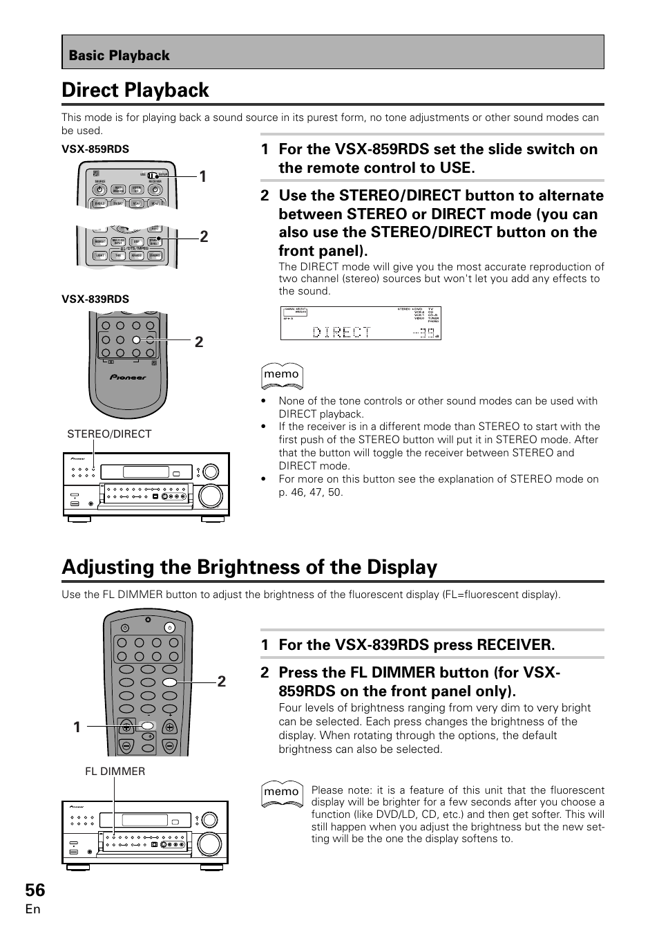 Adjusting the brightness of the display, Direct playback, Basic playback | Fl dimmer, Stereo/direct vsx-859rds, Vsx-839rds | Pioneer VSX-859RDS-G User Manual | Page 56 / 116