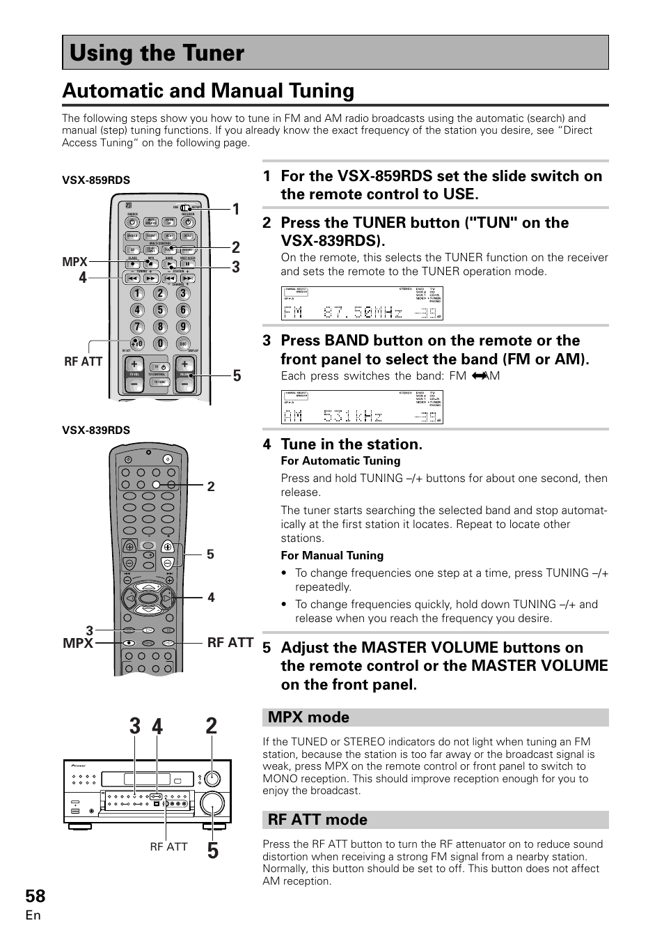 Using the tuner, Automatic and manual tuning, 4 tune in the station | Rf att mode, 3mpx 2 4 rf att 5, Rf att, Each press switches the band: fm j am | Pioneer VSX-859RDS-G User Manual | Page 58 / 116