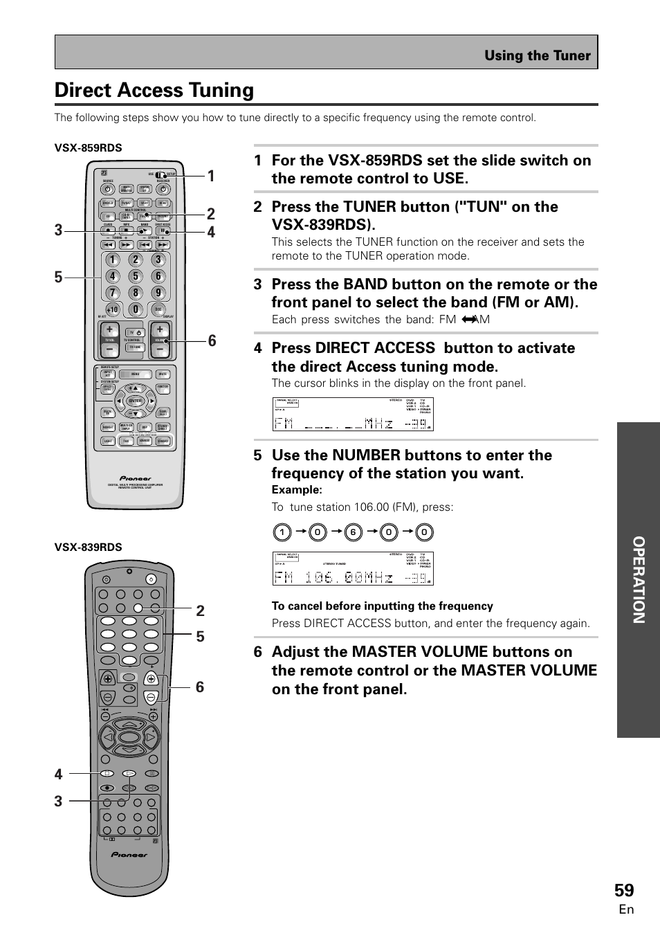 Direct access tuning, Opera tion, Using the tuner | Each press switches the band: fm j am | Pioneer VSX-859RDS-G User Manual | Page 59 / 116