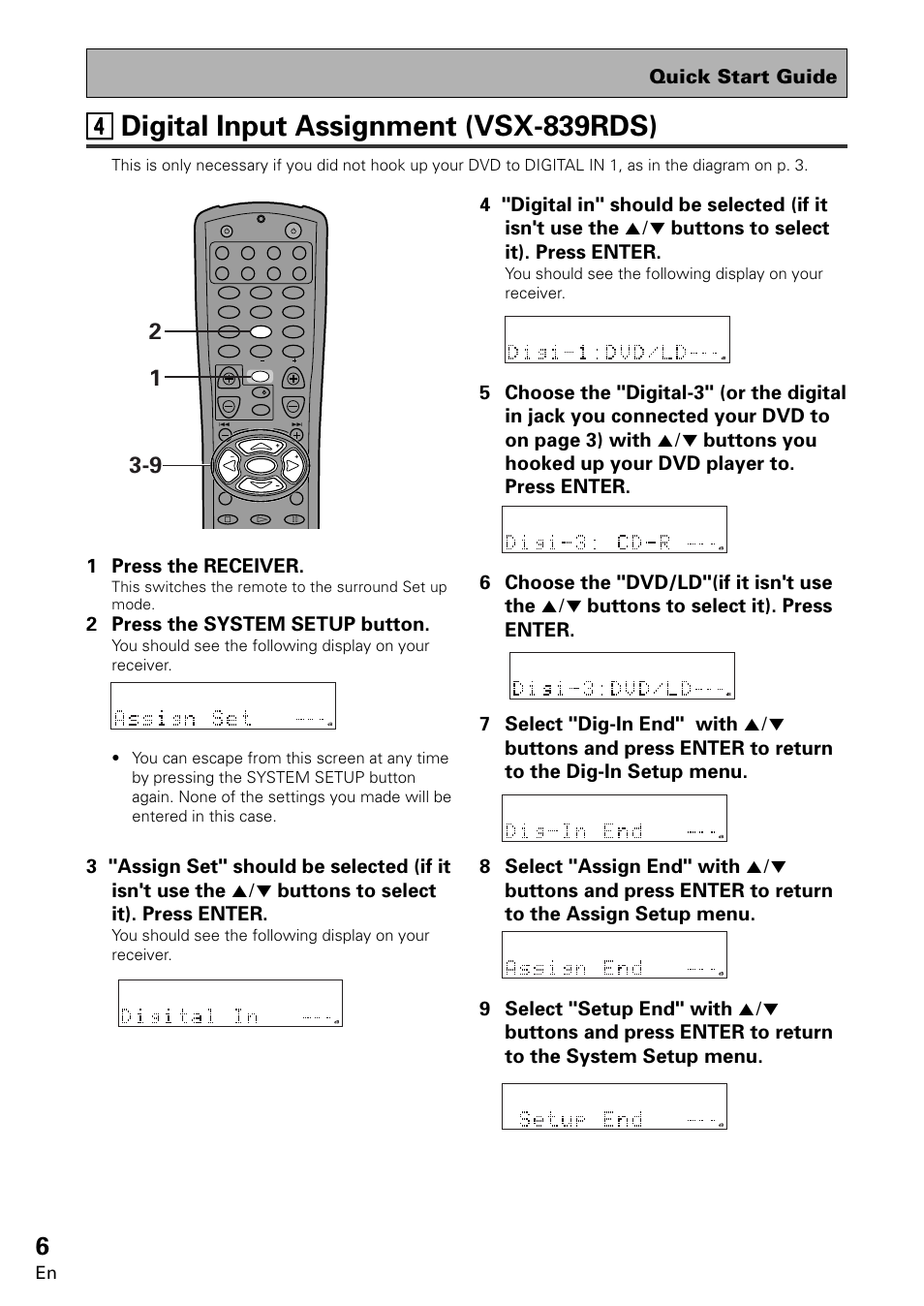 Quick start guide, 1 press the receiver, 2 press the system setup button | Pioneer VSX-859RDS-G User Manual | Page 6 / 116