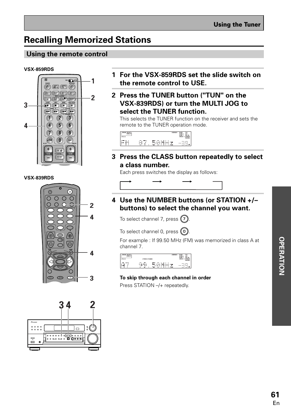 Recalling memorized stations, Opera tion, Using the tuner | Each press switches the display as follows | Pioneer VSX-859RDS-G User Manual | Page 61 / 116