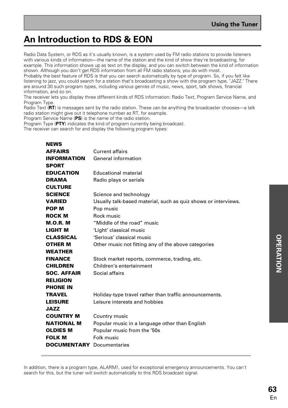 An introduction to rds & eon, Opera tion | Pioneer VSX-859RDS-G User Manual | Page 63 / 116