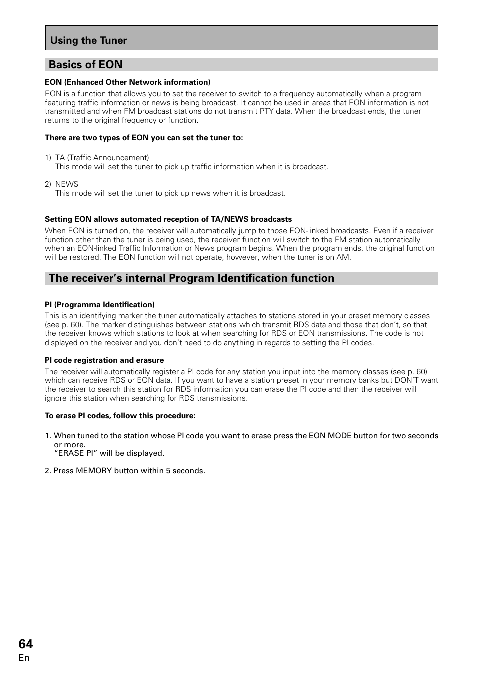 Basics of eon, Using the tuner | Pioneer VSX-859RDS-G User Manual | Page 64 / 116