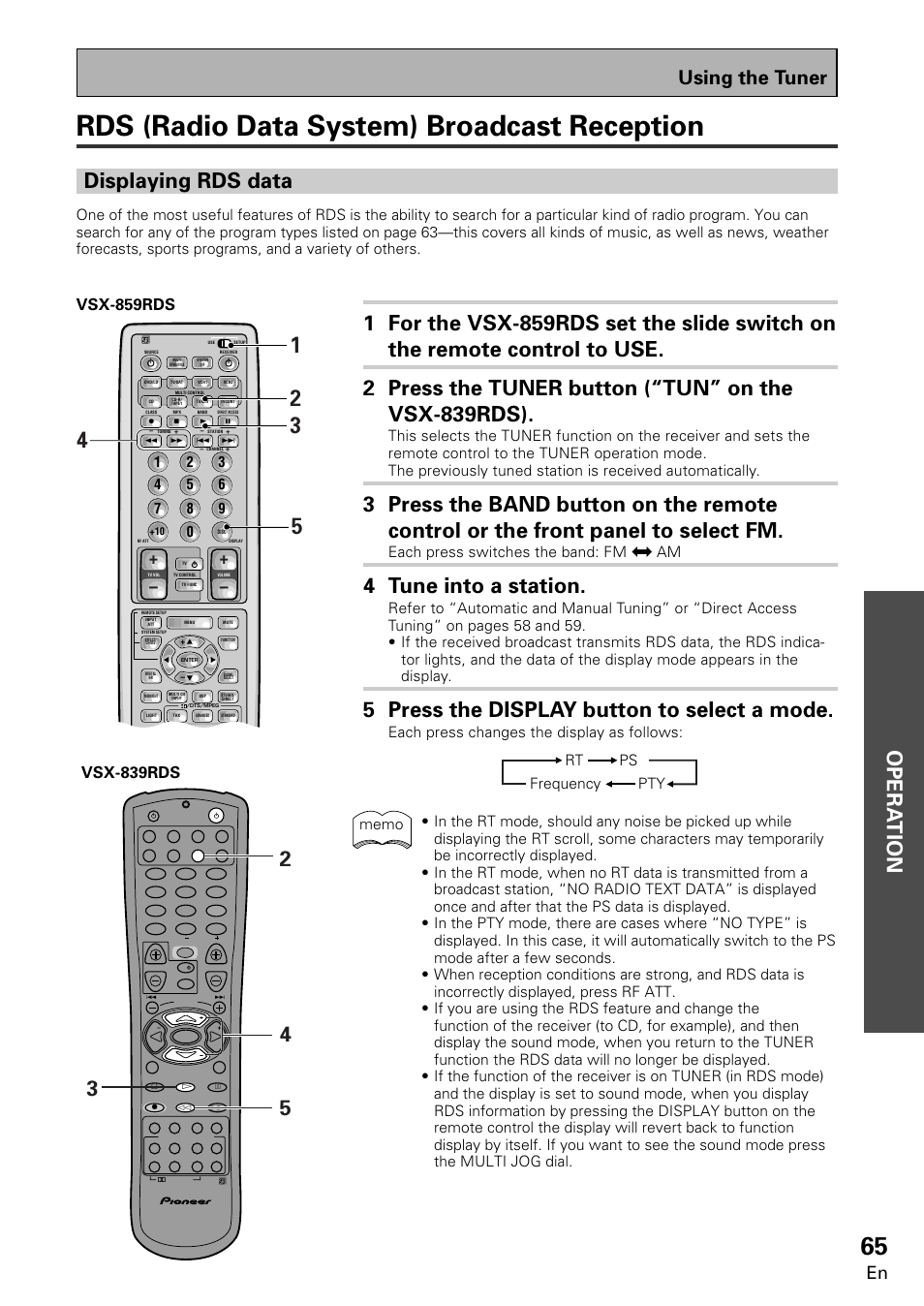 Rds (radio data system) broadcast reception, Opera tion, Displaying rds data | 4 tune into a station, 5 press the display button to select a mode, Using the tuner, Each press switches the band: fm j am | Pioneer VSX-859RDS-G User Manual | Page 65 / 116