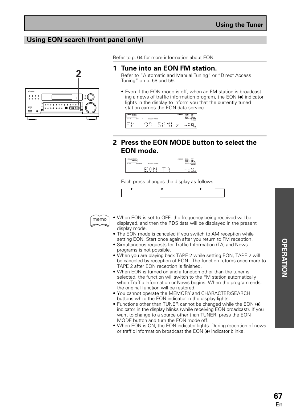Opera tion using eon search (front panel only), 1 tune into an eon fm station, 2 press the eon mode button to select the eon mode | Pioneer VSX-859RDS-G User Manual | Page 67 / 116