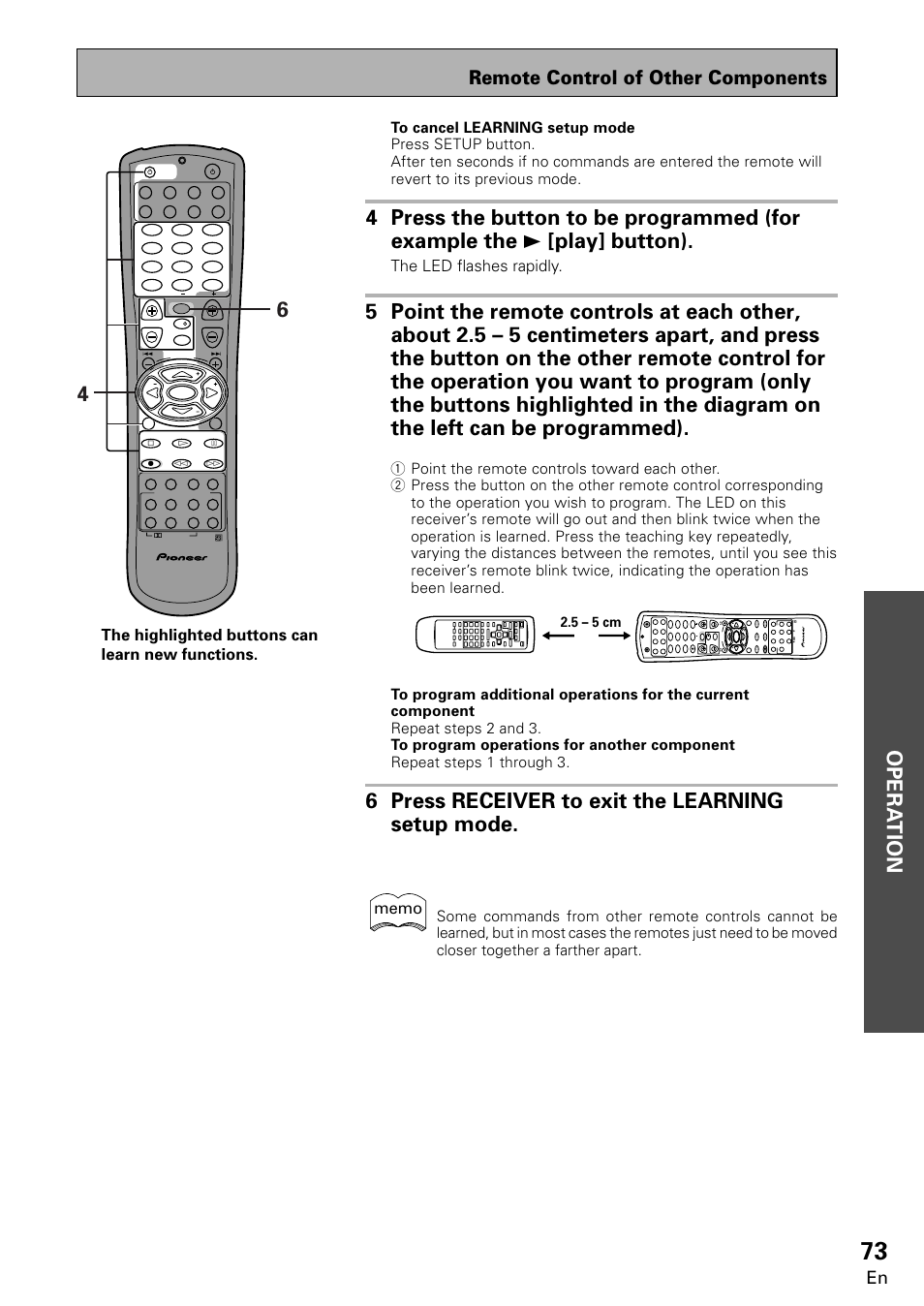 Opera tion, 6 press receiver to exit the learning setup mode, Remote control of other components | The led flashes rapidly, The highlighted buttons can learn new functions, 5 – 5 cm, Tv vcr 1 vcr 2 | Pioneer VSX-859RDS-G User Manual | Page 73 / 116