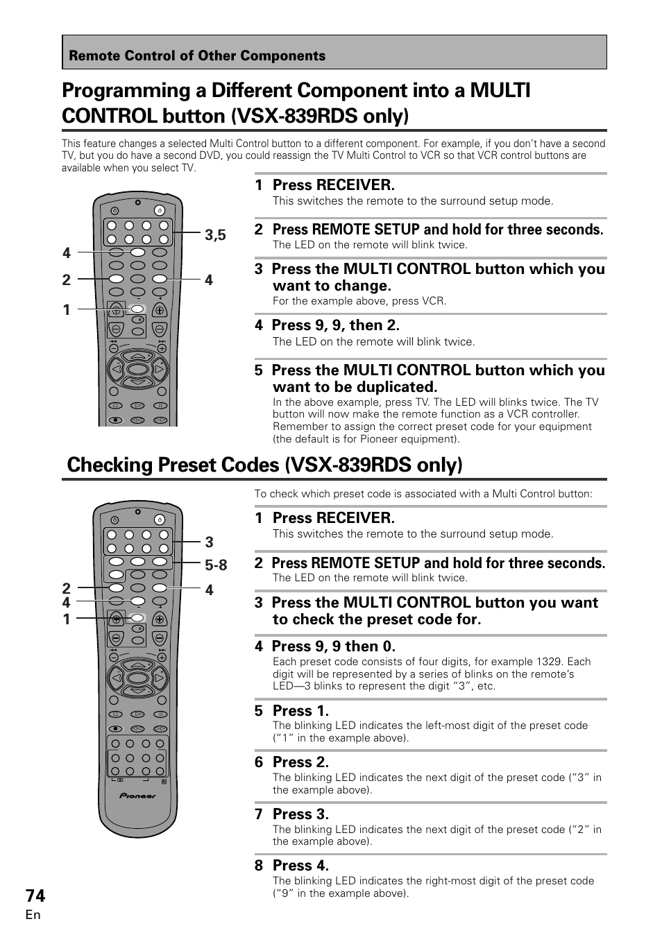 Checking preset codes (vsx-839rds only), 1 press receiver, 2 press remote setup and hold for three seconds | 4 press 9, 9, then 2, 5 press 1, 6 press 2, 7 press 3, 8 press 4, Remote control of other components, The led on the remote will blink twice | Pioneer VSX-859RDS-G User Manual | Page 74 / 116