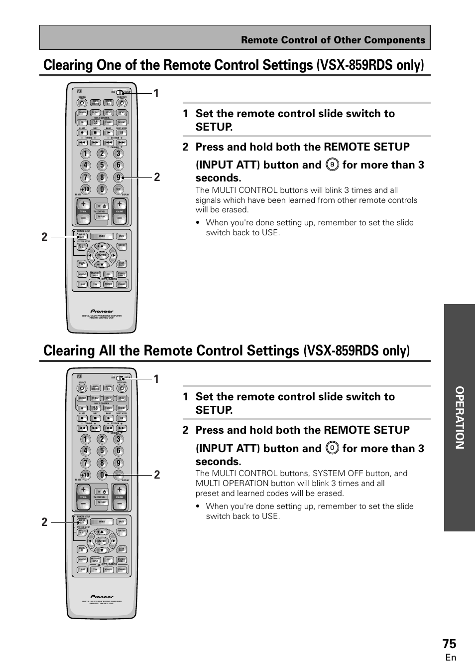 Opera tion, For more than 3 seconds, Remote control of other components | Pioneer VSX-859RDS-G User Manual | Page 75 / 116