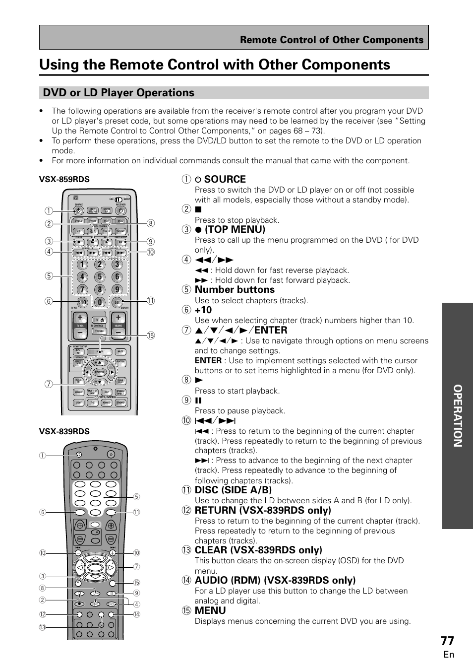 Using the remote control with other components, Opera tion, Dvd or ld player operations | Remote control of other components, 1source, 3¶ (top menu), 5 number buttons, 75˜∞˜2˜3˜ enter, Disc (side a/b), Return (vsx-839rds only) | Pioneer VSX-859RDS-G User Manual | Page 77 / 116