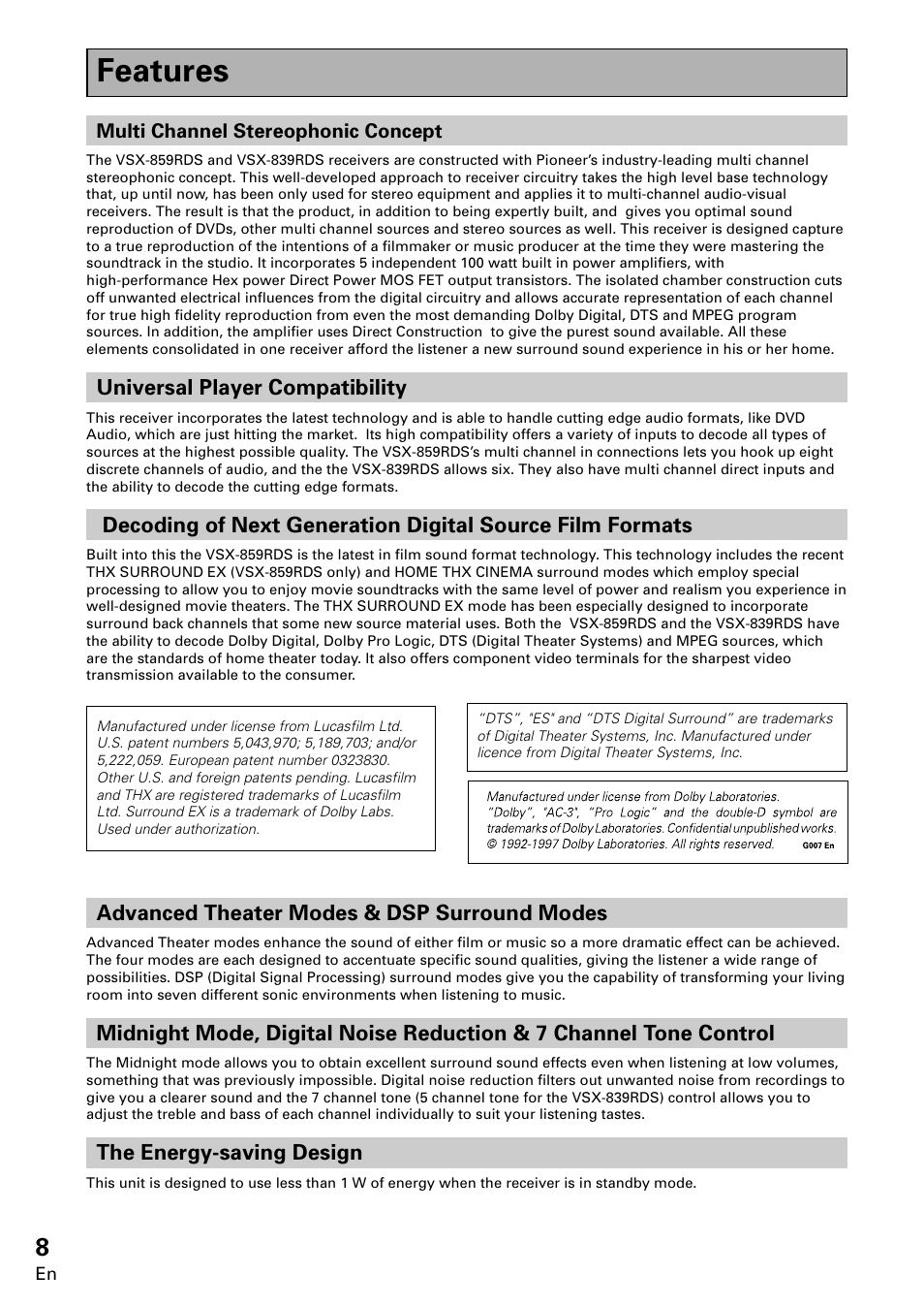 Features | Pioneer VSX-859RDS-G User Manual | Page 8 / 116