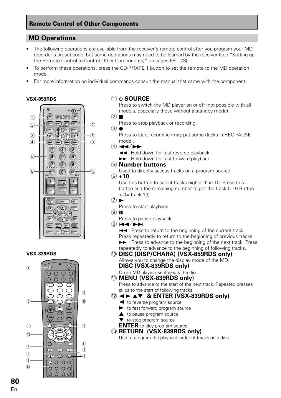 Md operations, Remote control of other components, 1source | 5 number buttons, 0 disc (disp/chara) (vsx-859rds only), Disc (vsx-839rds only), Menu (vsx-839rds only), Enter, Return (vsx-839rds only), Press to stop playback or recording | Pioneer VSX-859RDS-G User Manual | Page 80 / 116