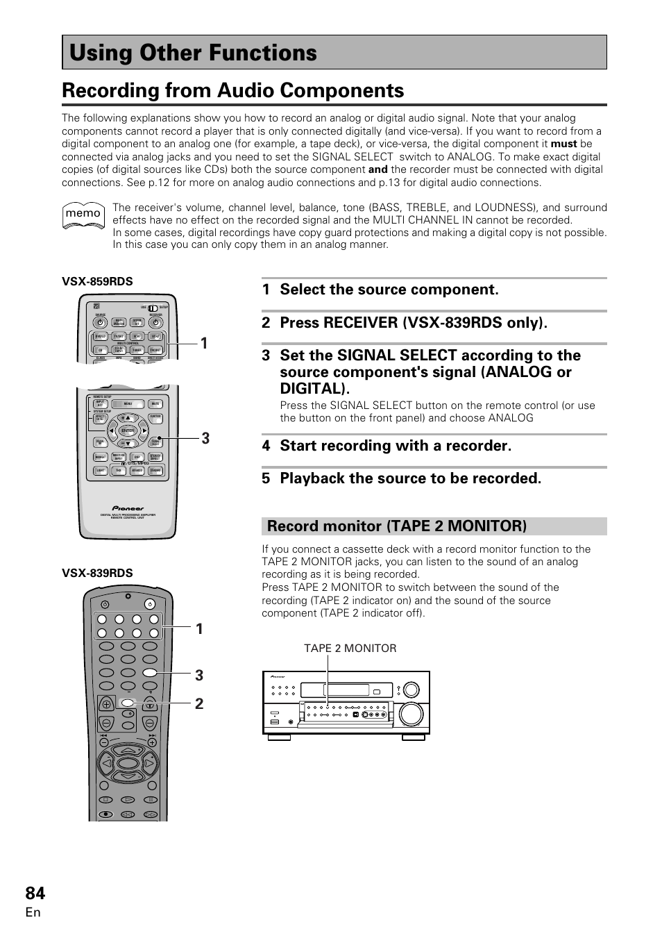 Using other functions, Recording from audio components, Tape 2 monitor | Pioneer VSX-859RDS-G User Manual | Page 84 / 116