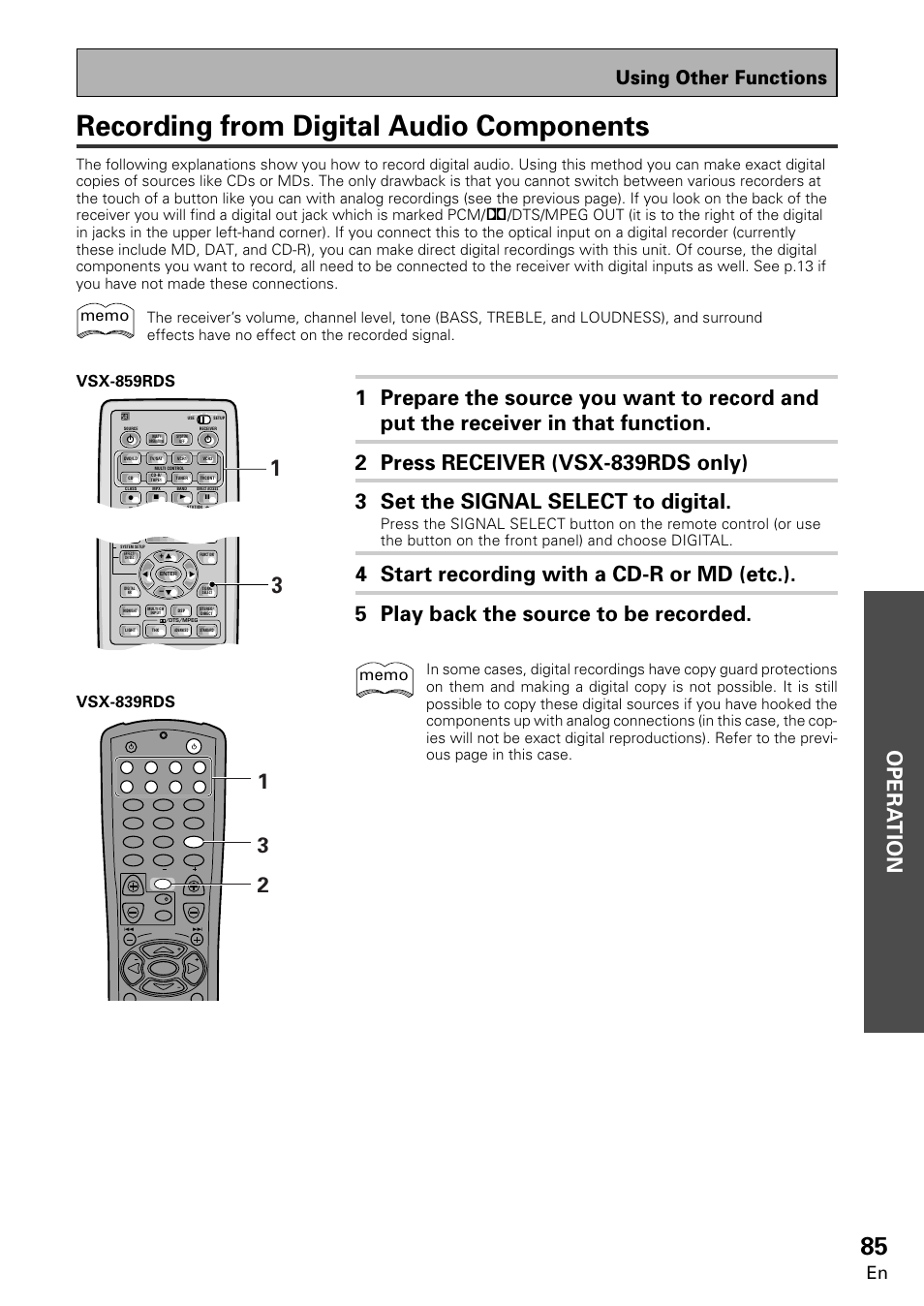 Recording from digital audio components, Opera tion, Using other functions | Pioneer VSX-859RDS-G User Manual | Page 85 / 116