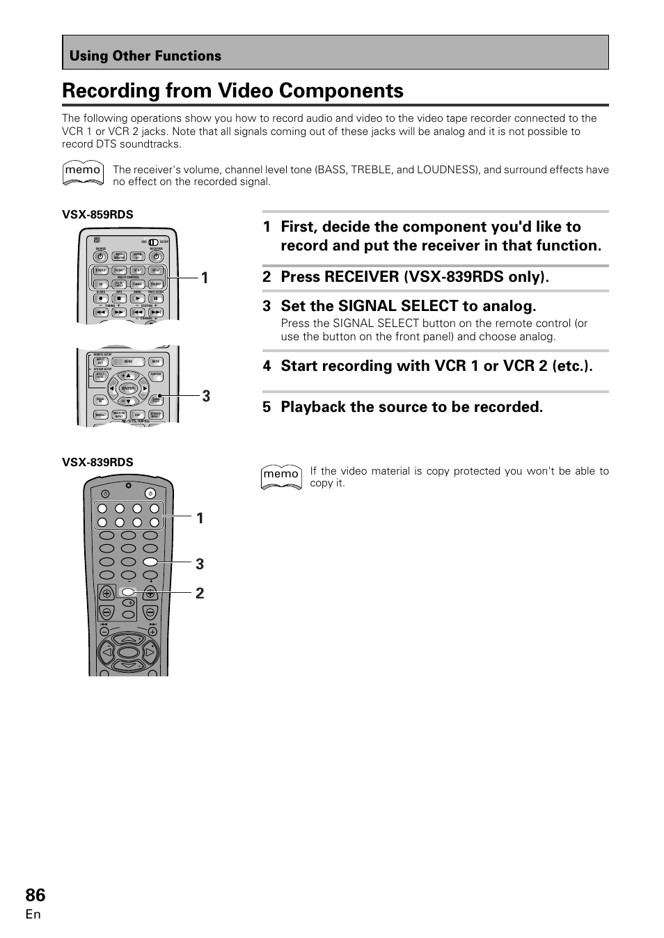 Recording from video components, Using other functions | Pioneer VSX-859RDS-G User Manual | Page 86 / 116