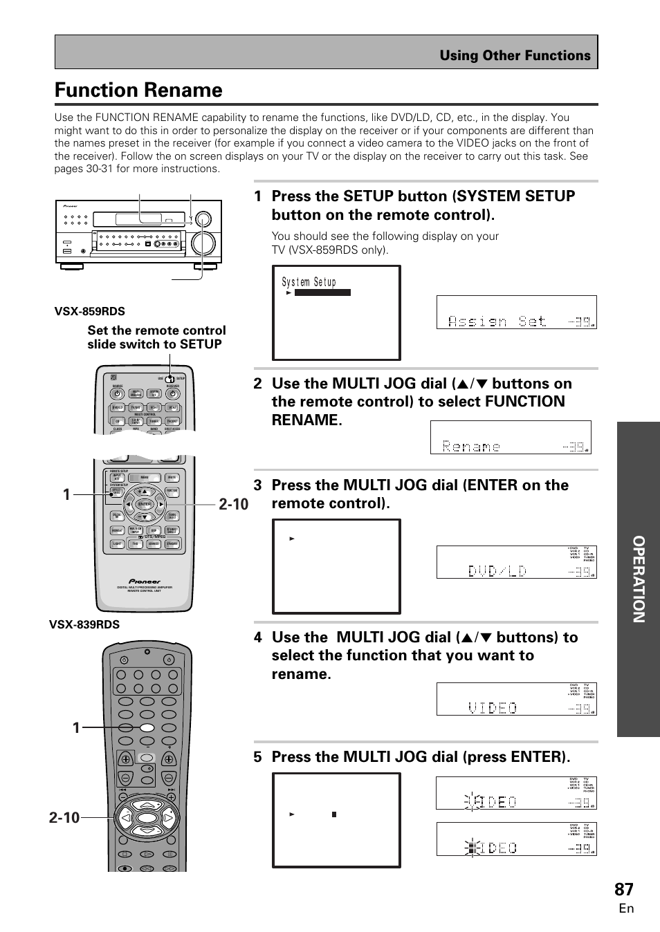 Function rename, Opera tion, Using other functions | Set the remote control slide switch to setup, Vsx-859rds, Vsx-839rds | Pioneer VSX-859RDS-G User Manual | Page 87 / 116