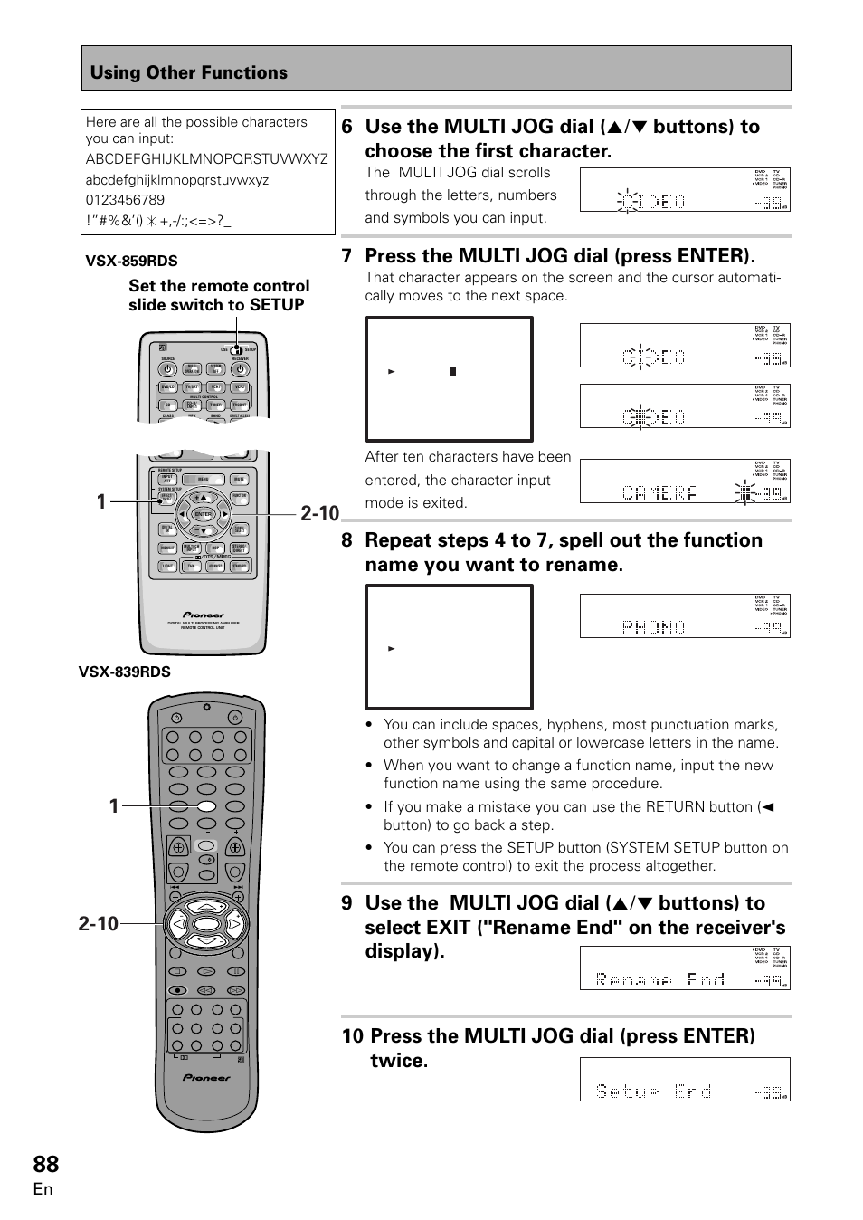 7 press the multi jog dial (press enter), Using other functions, Set the remote control slide switch to setup | Vsx-859rds, Vsx-839rds | Pioneer VSX-859RDS-G User Manual | Page 88 / 116