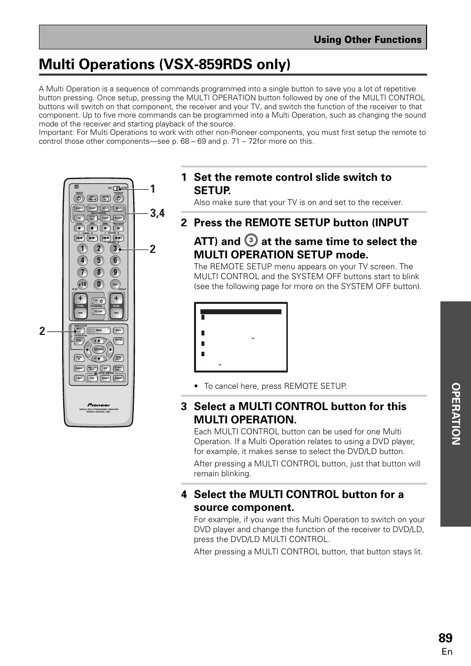 Multi operations (vsx-859rds only), Opera tion, 1 set the remote control slide switch to setup | 2 press the remote setup button (input att) and, Using other functions | Pioneer VSX-859RDS-G User Manual | Page 89 / 116