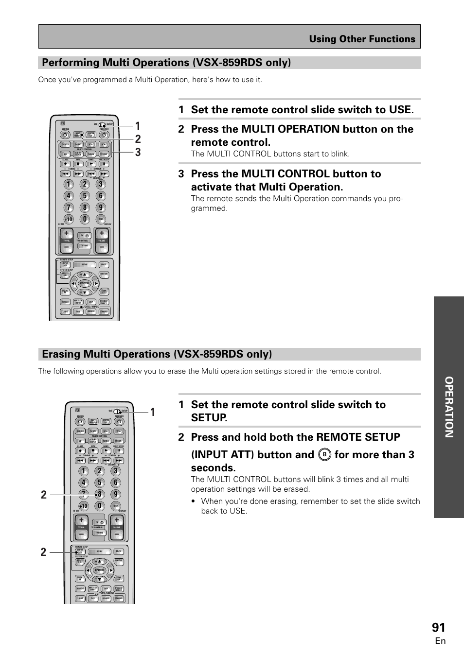 Erasing multi operations (vsx-859rds only), For more than 3 seconds, Using other functions | The multi control buttons start to blink | Pioneer VSX-859RDS-G User Manual | Page 91 / 116