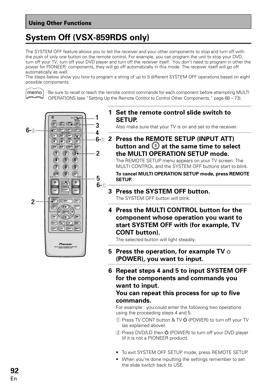 System off (vsx-859rds only), 1 set the remote control slide switch to setup, 2 press the remote setup (input att) button and | 3 press the system off button, Using other functions, The system off button will blink, The selected button will light steadily | Pioneer VSX-859RDS-G User Manual | Page 92 / 116